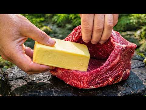 Stuffing a Giant Steak with Homemade Butter in the Forest