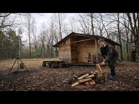 Surviving alone, cooking food, chopping firewood for the