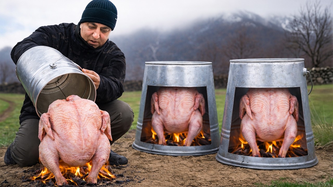 Village Turkey Roasted Under Metal Buckets Over Fire