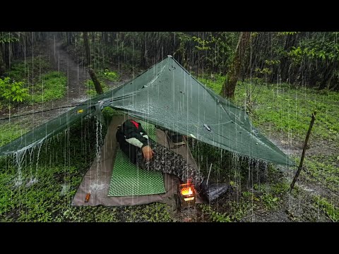 24 Hours Camping in Torrential Rain Sheltering Under Just