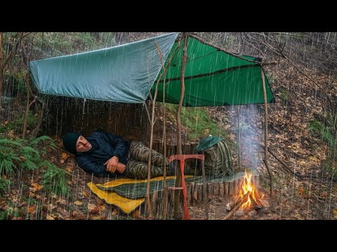 Overnight Camping in Heavy Rain Tarp Shelter, Fire and