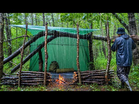 Camping in Heavy Rain Under a Fallen Tree Cozy Shelter in
