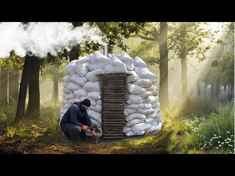 Building a sack hut in the wild nature