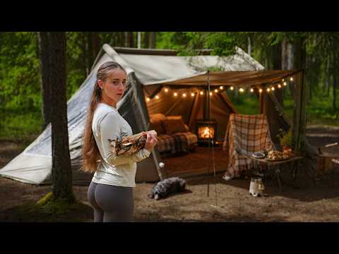 48 Hours Solo Camping in a Wild Bog Fishing with My Dog,
