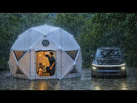 Heavy Rain Camping in a Tesla Model Y Juniper with My Dog