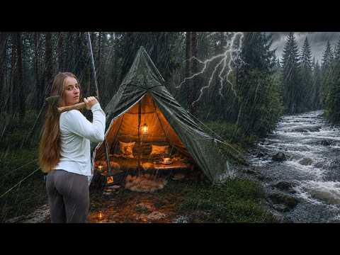 35 HOURS ALONE IN A THUNDERSTORM SOLO CAMPING, WOOD STOVE