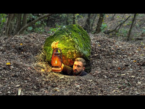 Building a Secret Dugout Under a Large Rock. Bushcraft,