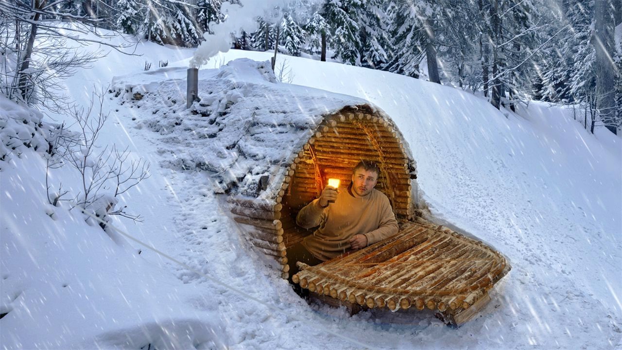 Built a Secret Warm Dugout Shelter to Survive Winter