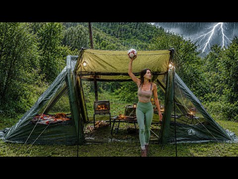 Rain Camping in an Inflatable Tent Life in the Forest