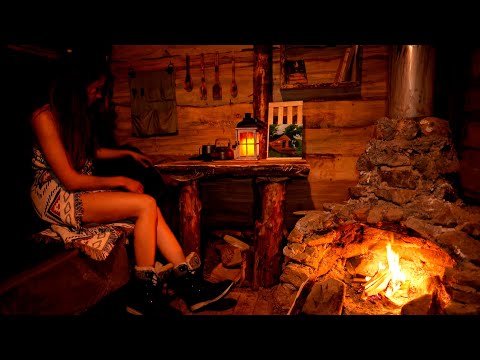 Girl Alone in the Wild Handmade Log Cabin, Fire & Sauna