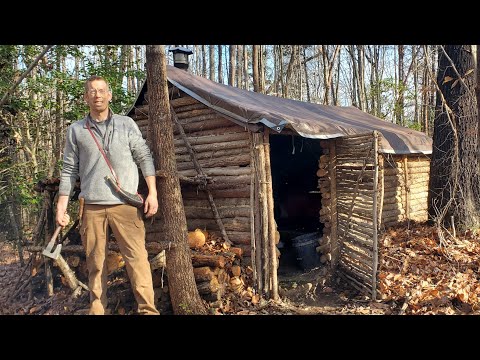 Camping in Log Cabin that I Built by Hand - Campfire