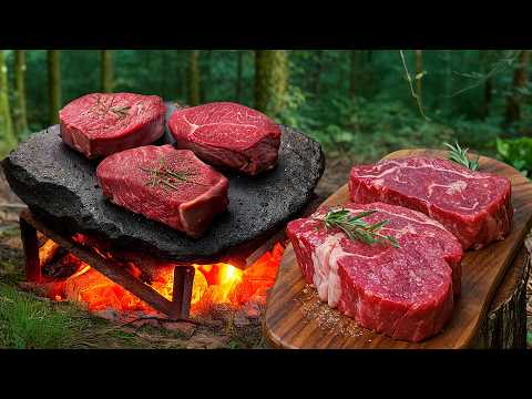 Primitive Steaks Cooking in the Wild Bushcraft Campfire