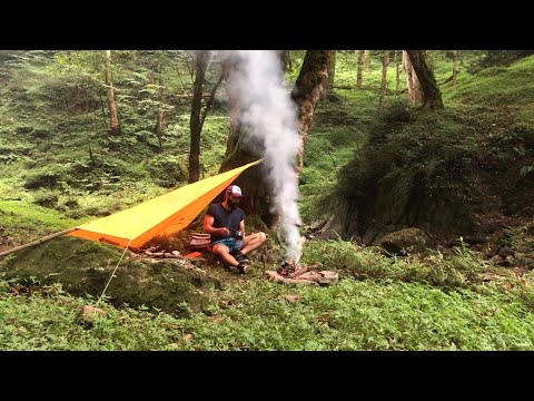 Solo camping in the wilderness: deep forest bushcraft, tarp
