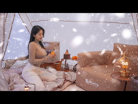 Solo Camping In A Hot Giant Air Tent On A Snowy Day