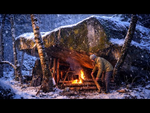 Extreme Winter Bushcraft Camping | Survival Shelter Under a