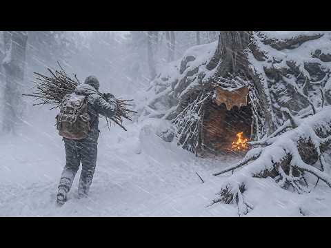 Shelter unter Baumstamm mit Lagerfeuer. Solo Bushcraft
