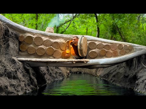 Building a Cozy Log Shelter on a Fallen Tree by the Ravine