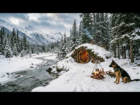 Winter camping with my dog Building off grid hobbit style