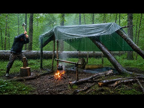 Camping Under a Fallen Tree in Heavy Rain Cozy Shelter in