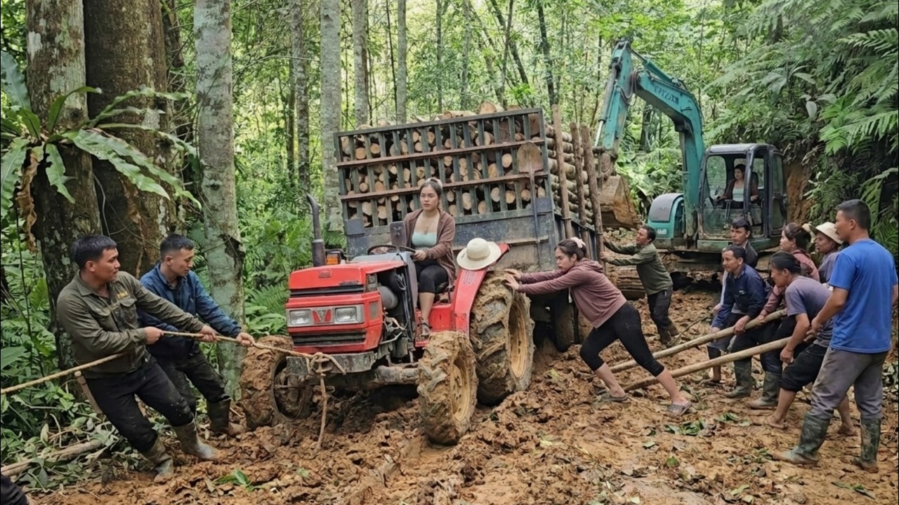 Excavators and numerous workers rescued a tractor carrying