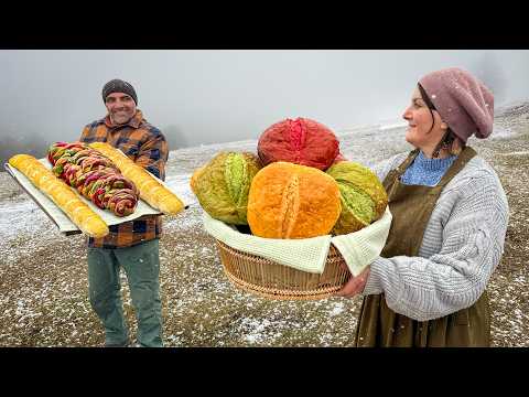 Rustic Family Baking Rainbow Bread in the Countryside