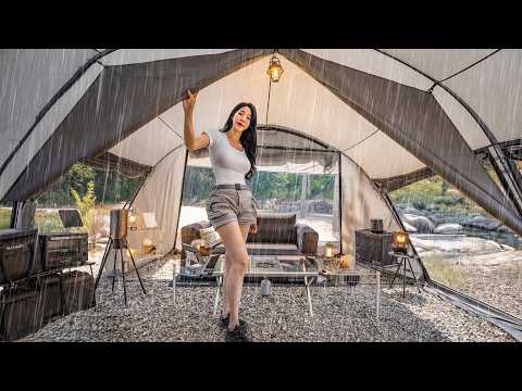 RAINY CAMPING WITH A LUXURY TENT THUNDERSTORM DAY