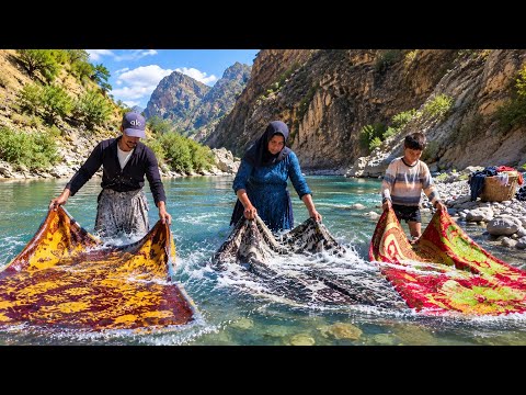 Nomad Life by a Mountain River Washing Clothes in the Wild