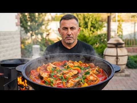 FISH with VEGGIES in a CAULDRON in the OPEN FIRE