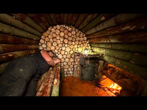 Building a Wooden Bunker with a Stove in the Forest