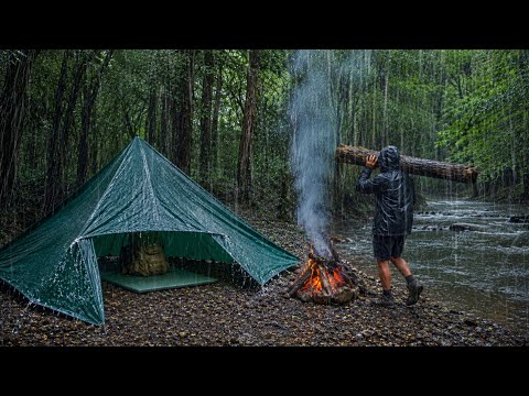 Camping in Heavy Rain by the River Swimming in the River