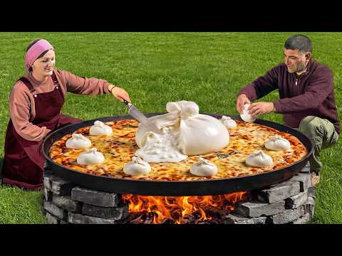 Huge Pizza With Homemade Cheese For A Village Feast