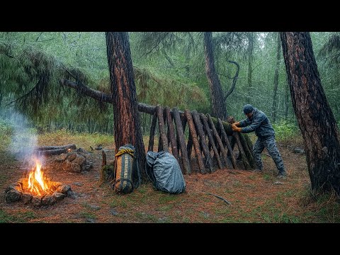 Building a Forest Cabin in Rainy Weather with an Axe and