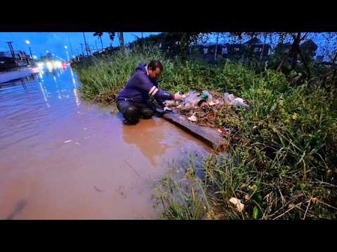 Collecting debris that clogs the drain after a night of rain