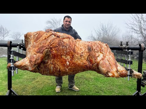Roasting a Huge Bull on a Steel Spit The Best Meat I've
