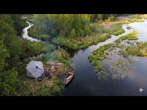 Lonely quiet trip with a tent, fishing on a wooden boat