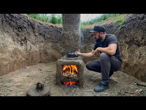 Building a round secret dugout with a large clay oven for