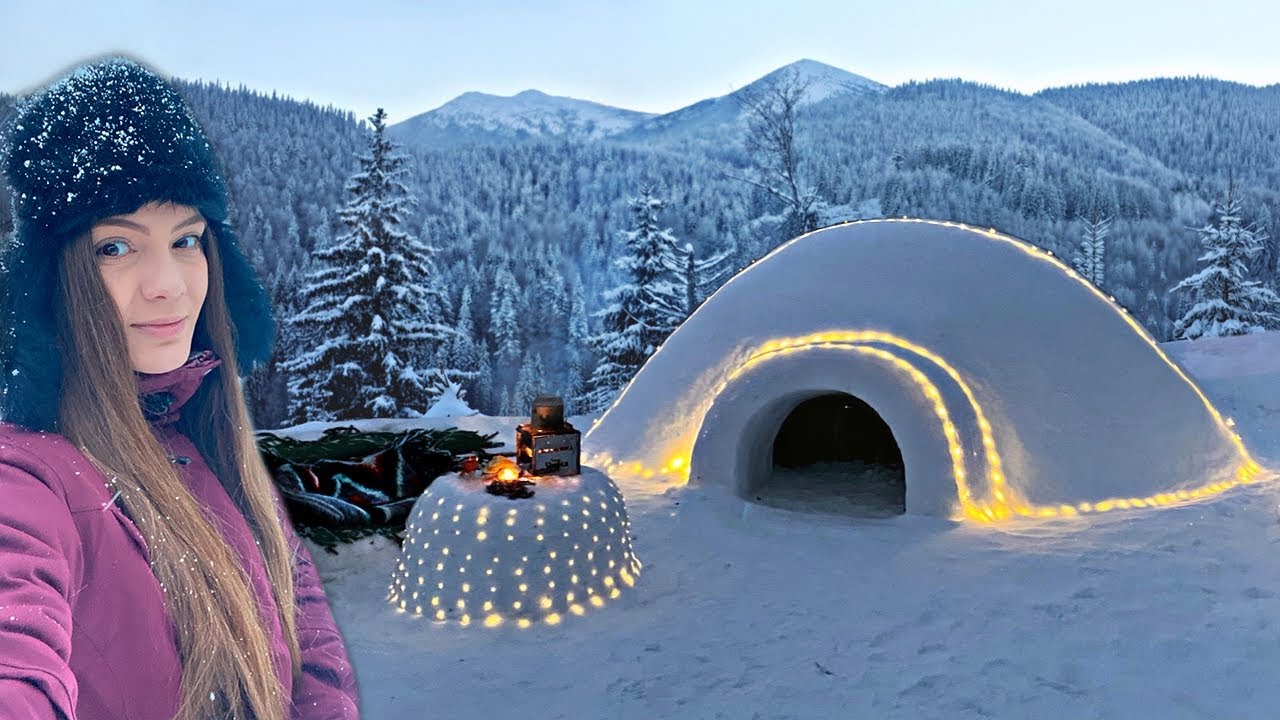 Solo overnight in Snow shelter IGLOO Winter bushcraft