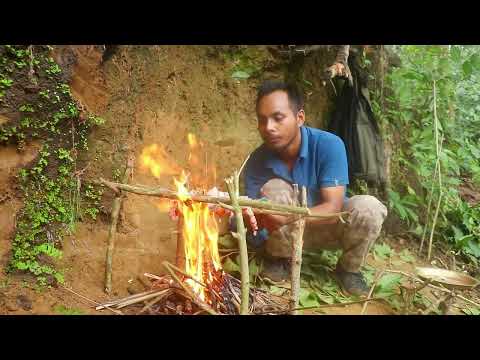 Forest den survival and eating barbecued pork survival