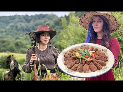 Cooking delicious food called "Kibbeh" in the village