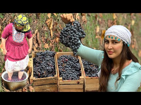 Cooking grape juice and "khashil" on a rainy day! Rural