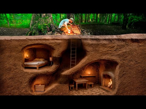 Building a Secret Dugout Between Two Oak Trees. Bushcraft,