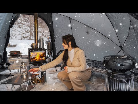 Hot Tent Solo Camping In Snowy MountainsㅣCamp ASMRㅣNortent