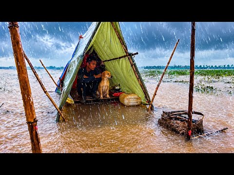 Camping in heavy rain amidst flooding Fishing and cooking