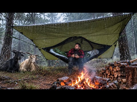 Winter Hot Tent Camping in Heavy Rain; Survival in the