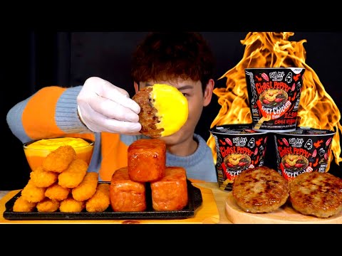 ASMR 핵매운 고스트페퍼라면 게튀김 통스팸 떡갈비 치즈불닭소스 찍먹방~ Ghost Pepper