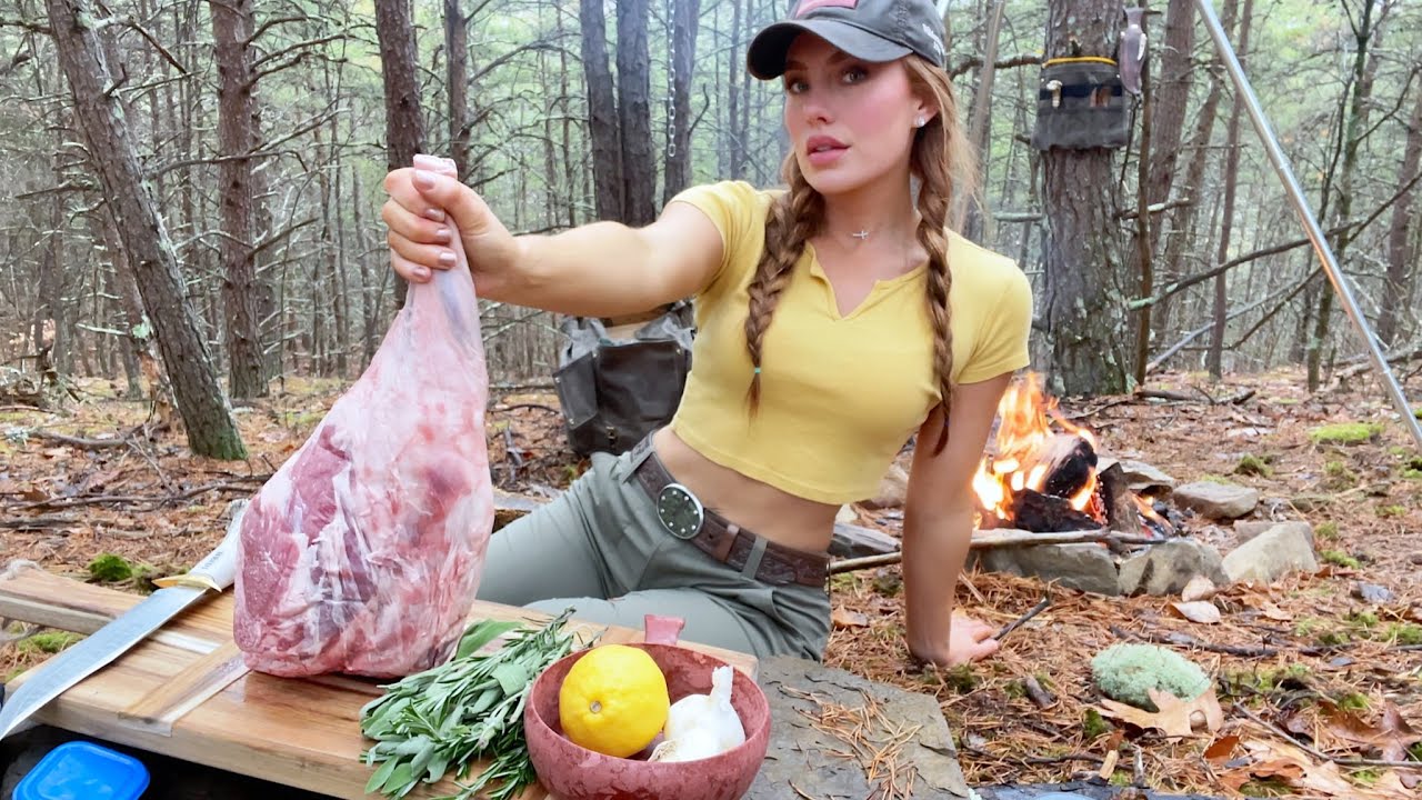 Juicy Whole Leg of Lamb cooked on campfire solo in the woods