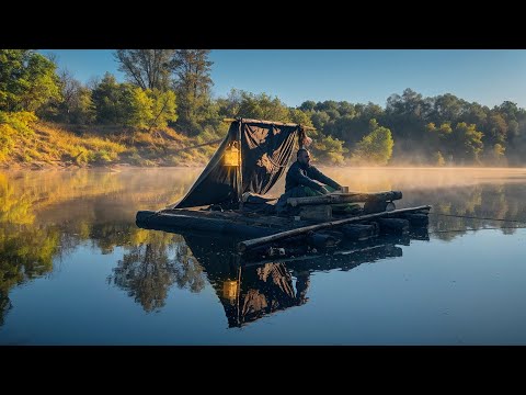 The man built a raft of logs and went down the river The
