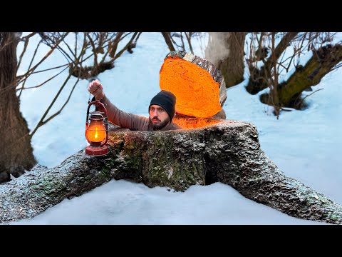 Building a Hidden Dugout Under a Stump Warm secret shelter