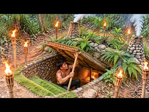 Wild Man Built a Hidden Underground Shelter with Stone
