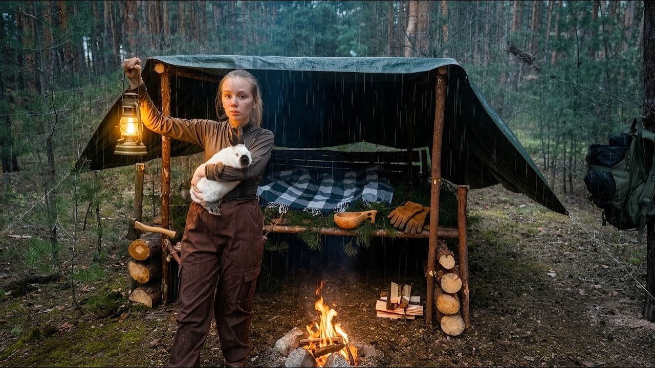 Solo Female Bushcraft — Rain Shelter, Fire & Unexpected